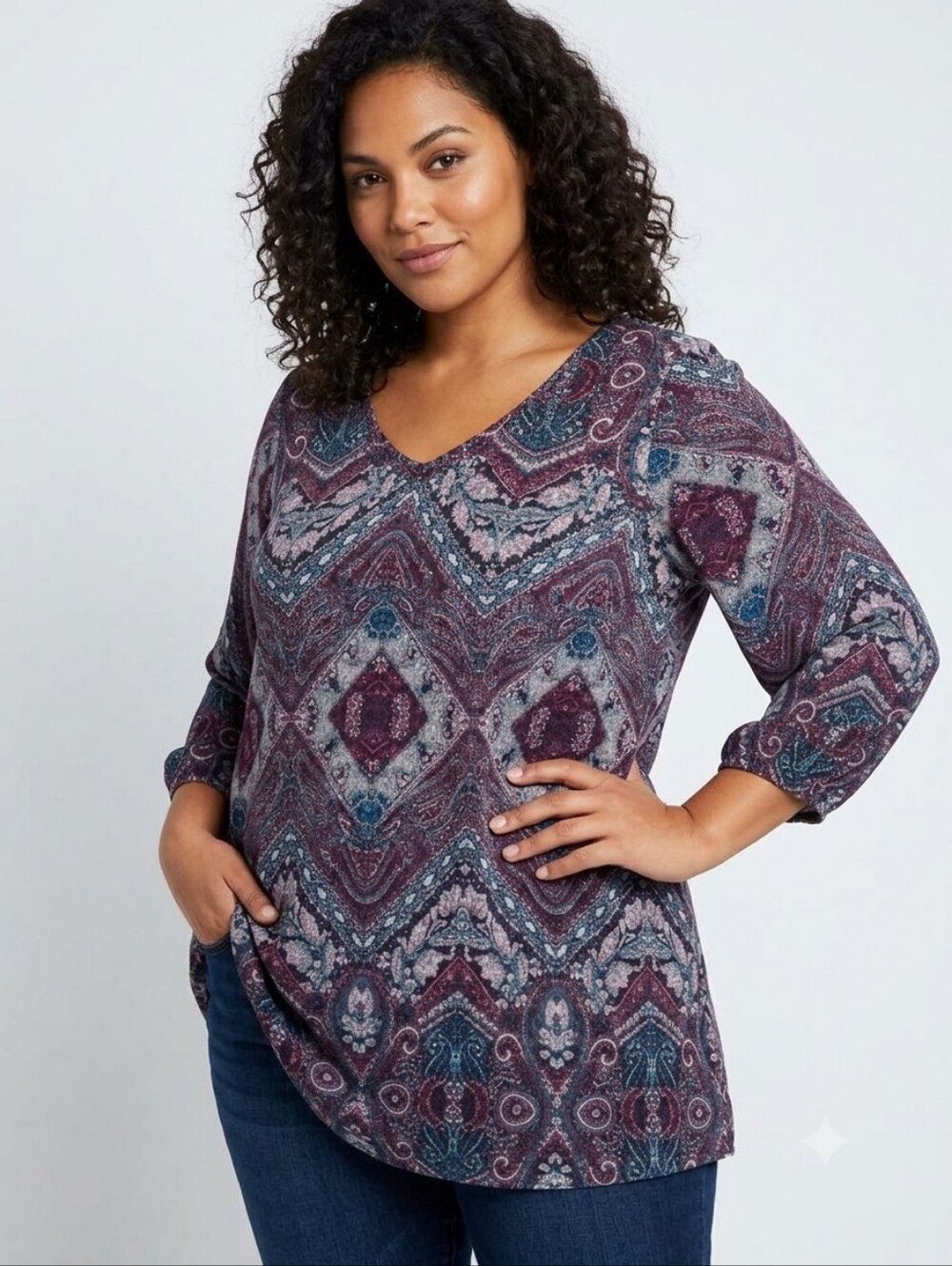 Maurices 3/4 Sleeve Lattice Back Bohemian Paisley Blouse